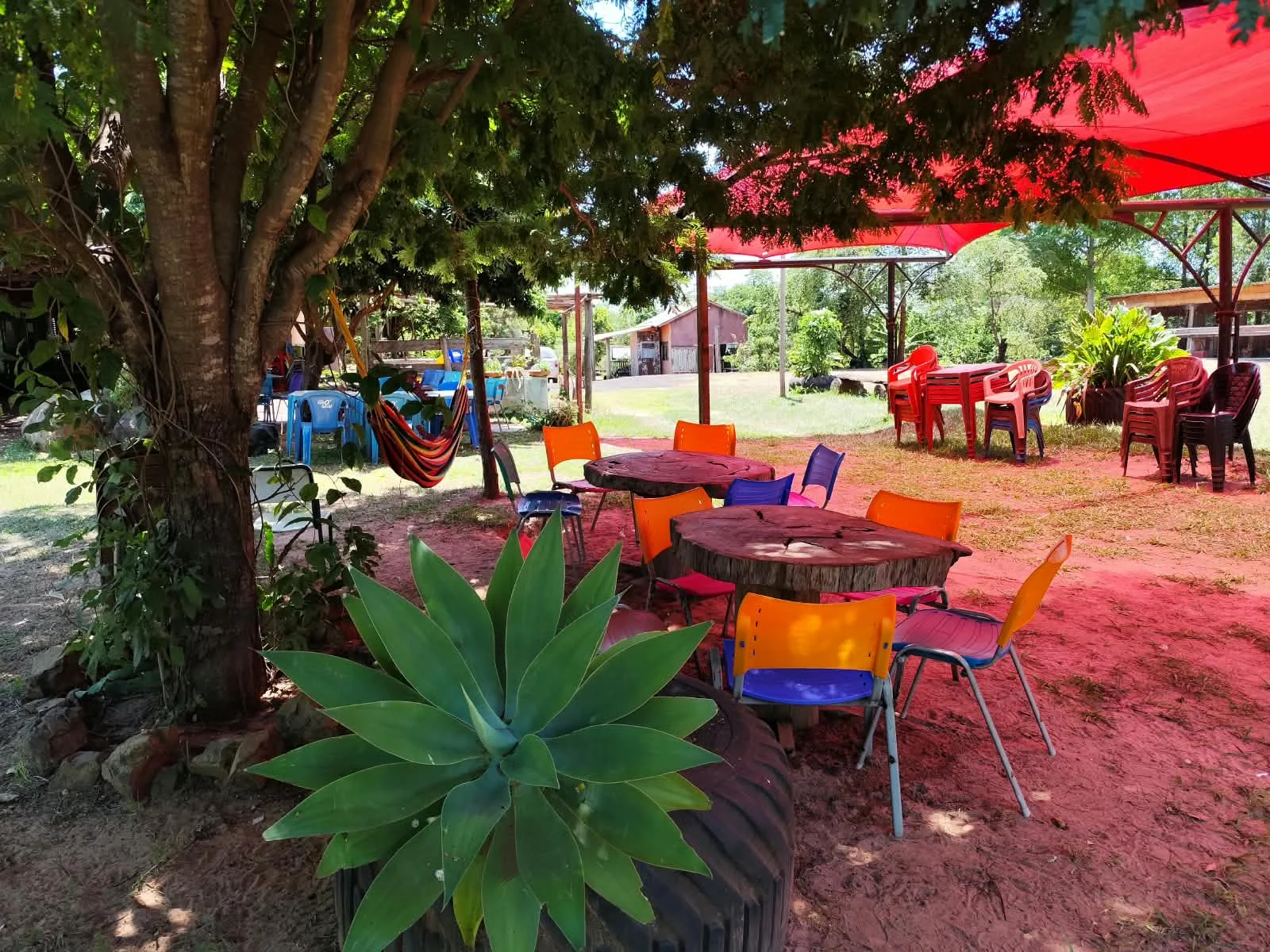 Mesas coloridas ao ar livre sob as árvores