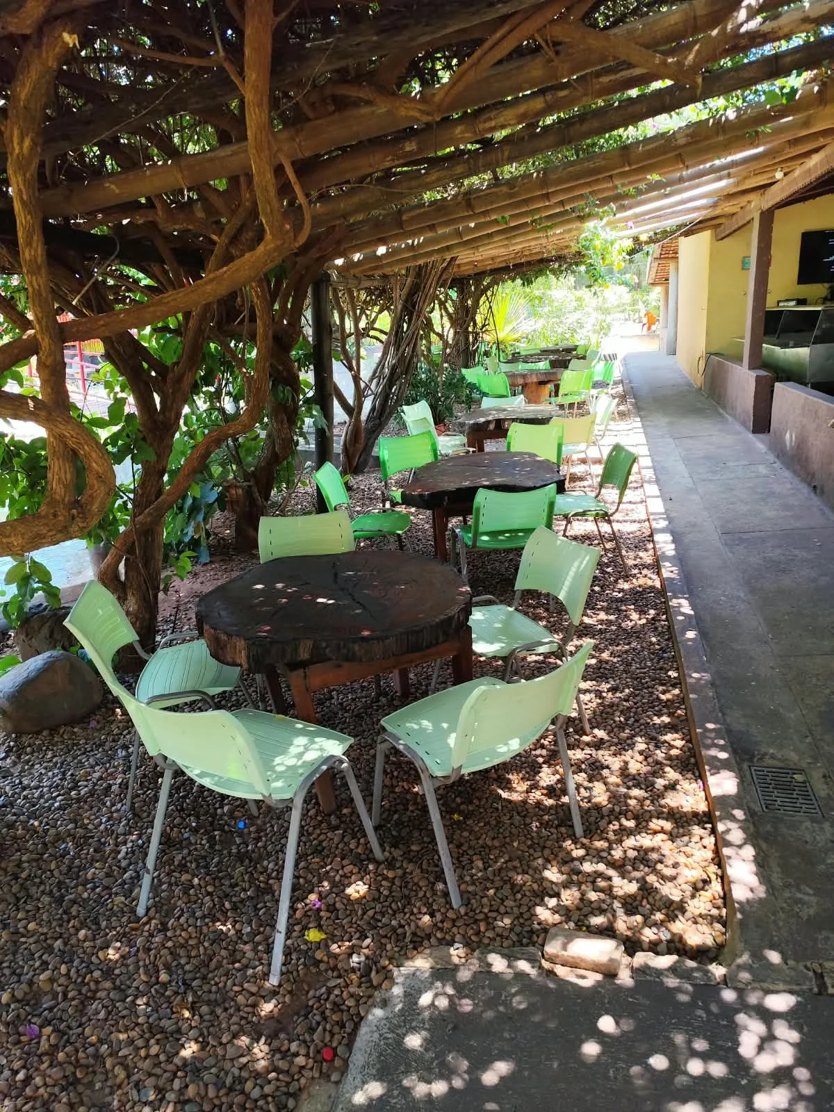 Mesas de madeira e cadeiras verdes sob o pergolado