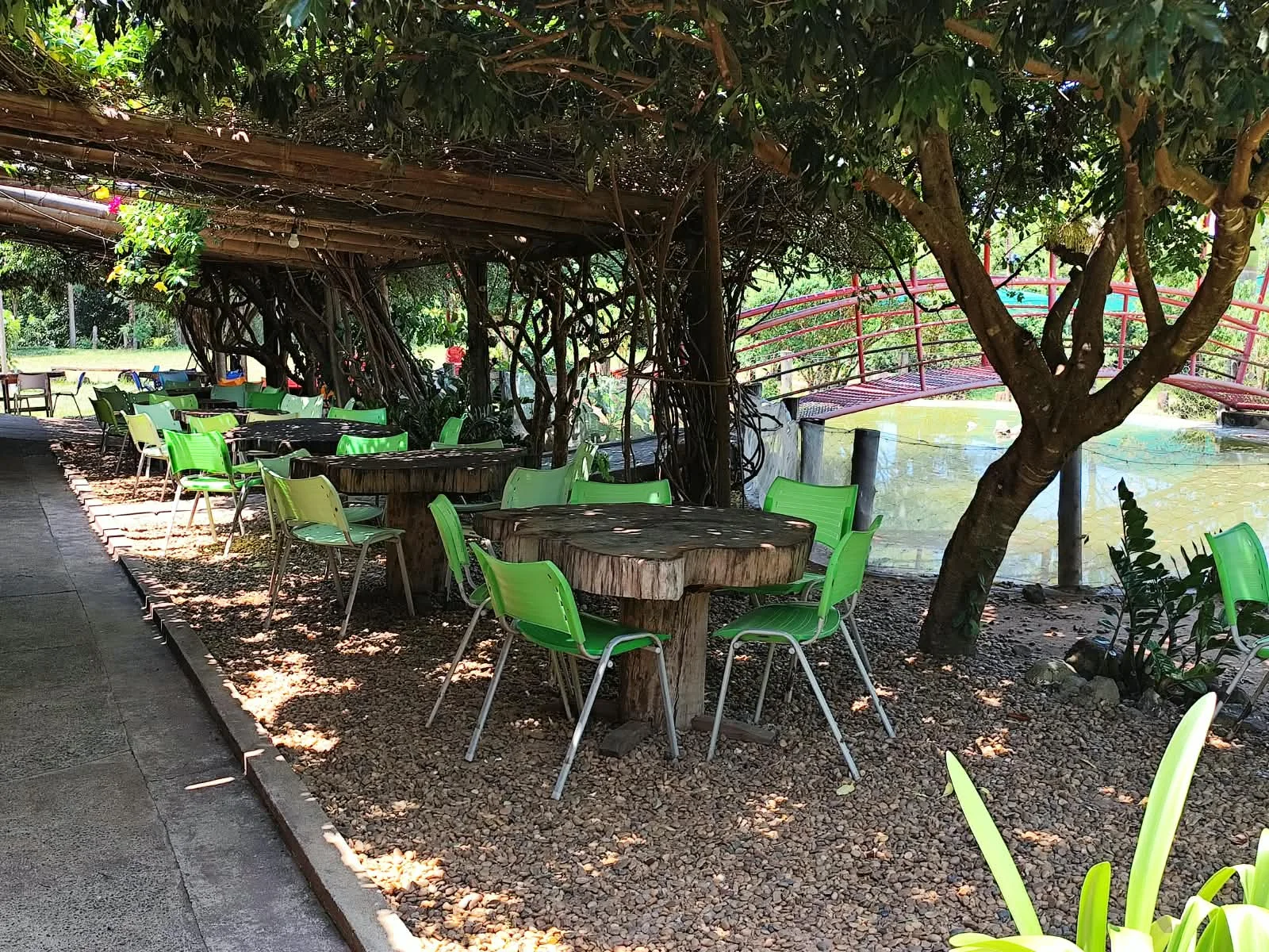 Área de mesas sob as árvores ao lado do lago e da ponte